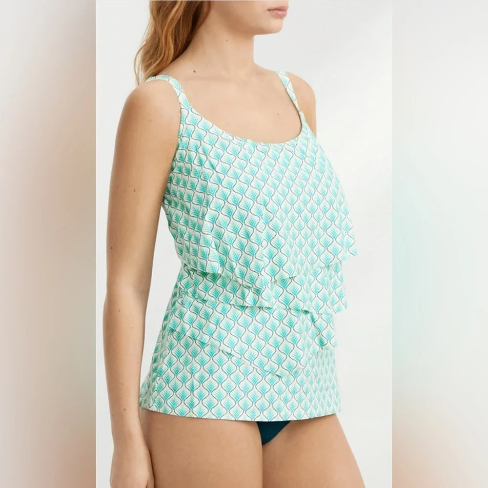NWT COCO REEF 34D Siren Aura Ruffle Underwire Tankini Top Blue Green Geometric